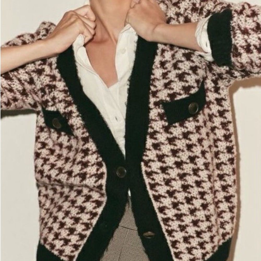 Anthropologie Maeve Maroon and Black Houndstooth Cardigan Sweater Lg